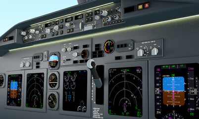 Aircraft close up cockpit view with cockpit lighting