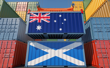 Freight containers with Australia and Scotland national flags. 3D Rendering 