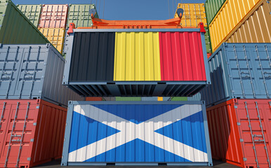 Freight containers with Belgium and Scotland national flags. 3D Rendering 