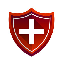 Obraz premium shield with cross icon. red pictogram. Modern flat design vector illustration, new concept for web banners, web site, infographics. Vector icon graphic art isolated on white background