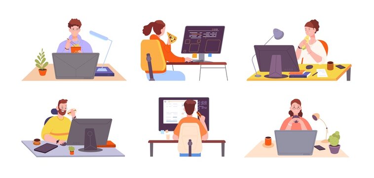 Eating at workplace. Woman eat appetited home food, business man at computer with snack, remote worker consumes burger, meal office desk, freelance work, splendid vector