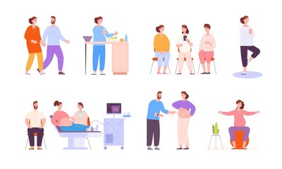 Pregnant woman activity. Pregnancy activities scenes, health prenatal baby, relaxed maternity meditation before childbirth sport yoga medical exercise