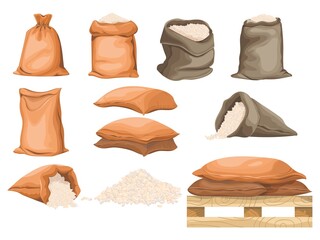 Cartoon rice bags. Full brown sack rised grain or oat, agriculture sacks of uncooked meal food, harvest wheat, linen cloth material bag with asian seeds, tidy vector illustration