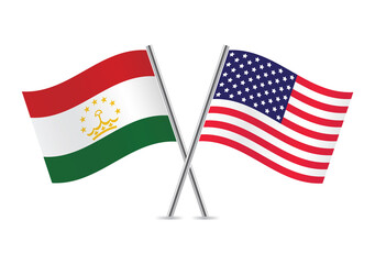 Tajikistan and America flags. Tajik and American flags. Tadzhik and United States flags, isolated on white background. Vector icon set. Vector illustration. 