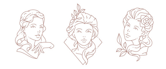 Pretty antique lady bust monochrome lineart logo set vector illustration. Medieval elegant woman