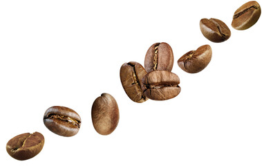 Set of perfectly retouched coffee beans flies through space. Isolated on white. High resolution