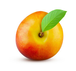 Excellent ripe nectarine with green leaf isolated on white background