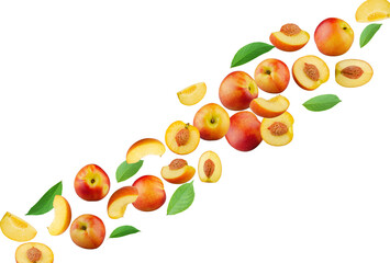 Excellent retouched and high resolution set of nectarines with leaves flying in space isolated on white