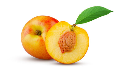Excellent ripe nectarine whole and half with green leaf isolated on white background