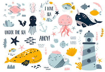 Kids sea elements set isolated on white. Ocean collection with fish, whales, lighthouse, octopus, jellyfish, turtle, sea stars, seashells, corals. Cute ocean illustration. Baby sea design.