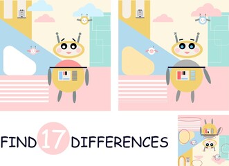 Game find 17 differences for kids. City of robots in cartoon style. Vector illustration.