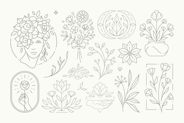Monochrome simple logo esoteric botanical feminine collection linear emblem for decorative design