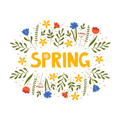 Fototapeta na wymiar Hand drawn spring lettering text with flowers. Lettering spring season for greeting card, invitation template, poster and banner
