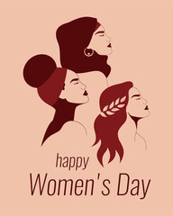 Young women of different ethnicity look forward together. International Women's day card with Strong and brave girls support each other. Sisterhood and females friendship poster. Vector illustration