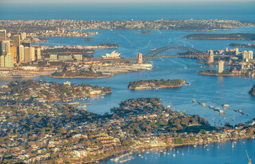 Aerial view of Sydney skyline from ariplane, New South Wales, Australia.
