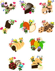 カップケーキやガトーショコラやシュークリームやアイスやクッキーやパイなどのチョコレートスイーツと可愛い花の妖精たちのイラスト