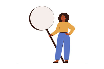 Businesswoman looks through a big magnifier. African American female inspects or researches something far loupe. Concept of analysis and finding business solutions.Vector illustration - 483943352
