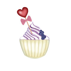 Cupcake with cream, blueberries and heart flag with pink bow