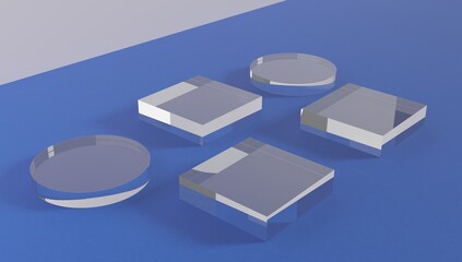 Product background podium or 3d glass display background, crystal pedestal platform. Transparent glass product display background, presentation and model stand stage in 3d render.
