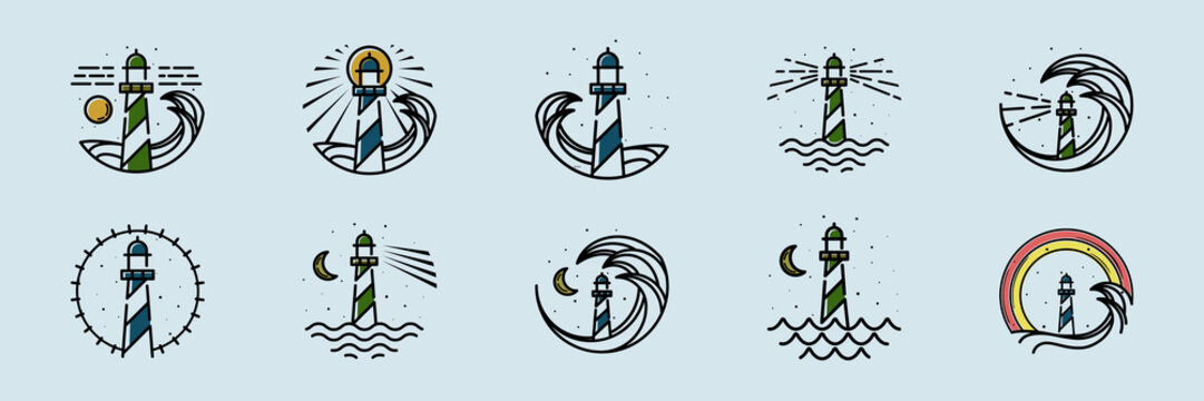 Collection of Lighthouse Vector Illustration Logo Design. Wave and lighthouse icon in set. Ocean, Wave, Night and Lighthouse Logo Concept Inspiration. Modern and Minimalist Nautical Creative Logo