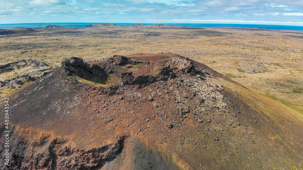 Sticker Saxholl Crater is a famous volcano in Iceland. Aerial view in summer season from drone.