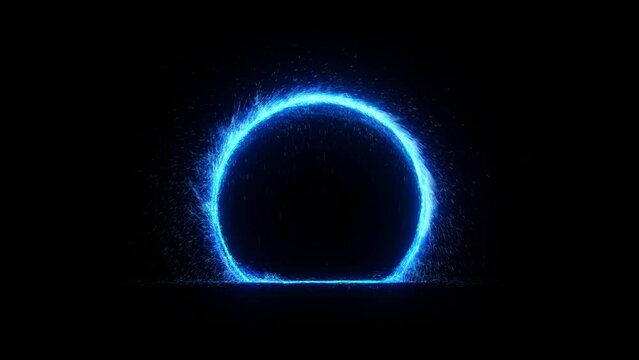 Fantastic magic portal on black background. Detailed UHD animation with intro and outro. Blue fire ring with sparkles bouncing off the ground. Teleportation process.