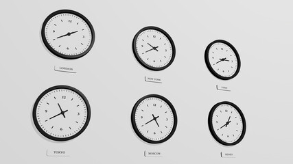 World clocks on white background. Image shows time in different cities. 3D rendered images.