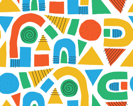 Seamless vector pattern abstract doodle shapes collage. Cute geometric shapes cut out and doodles repeating pattern blue red yellow green on white. Modern line art for kids decor, fabric trim, cards