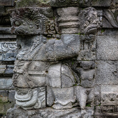 Reliefs on the walls of the ancient Surowono temple, Pare, Kediri, Indonesia