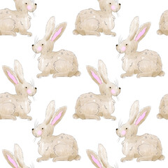 Hand-drawn seamless pattern of easter rabbit. Illustration isolated on the white background.