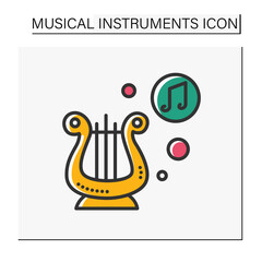  Lyre color icon. Ancient classical greek string musical instrument. Classical, ethnic and modern music. Music from different countries. Symbol of poetry. Isolated vector illustration