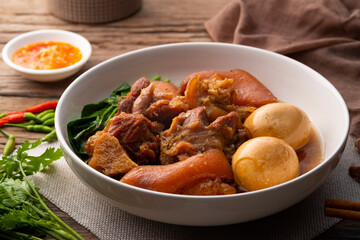 Stewed pork leg with five spices in sweet gravy sauce and eggs