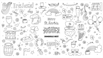 St. Patrick s Day set with hand-drawn icons. A doodle of beer, Ireland, pub, party, bar. Template for a postcard, invitation, advertisement or banner for the Irish holiday of March 17. Vector