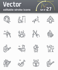 Vector editable stroke line icon set of musicians playing