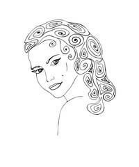 Portrait of a beautiful girl with curly hair in profile. Black and white linear drawing on a white background.