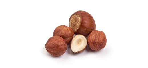 Hazelnut heap, isolated on white background.