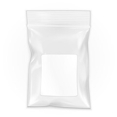 Blank Flat Poly Clear Bag Filled Plastic Polyethylene Pouch Packaging With Zipper, Ziplock. Lable. Illustration Isolated On White Background. Mock Up Template. Ready For Your Design. Vector EPS10