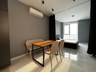 interior of a kitchen with bed and curtain