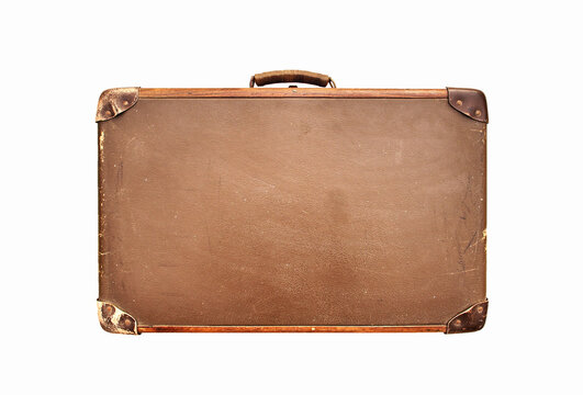 Old brown vintage travel suitcase isolated on white background.  Symbol and concept of travel. Adventure time. Retro leather vintage travel suitcase or bag isolated on white.