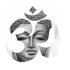 Buddha in OM symbol. Tattoo Face of Lord Buddha inside sacred Hindu sign. Digital art collage