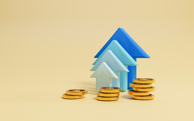 Golden coins stacking with increasing blue arrow on yellow background and copy space for economic investment profit and interest deposit from saving concept, 3D rendering technique.