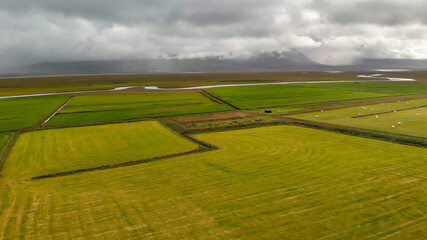 Aerial view of Glaumbaer, Iceland. Glaumbaer, in the Skagafjordur district in North Iceland, is a museum featuring a renovated turf farm and timber buildings.