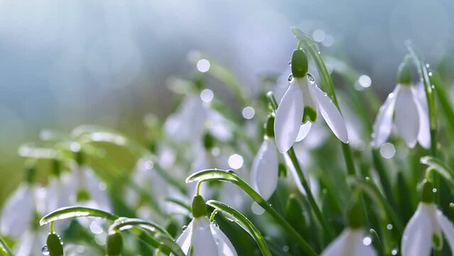 White snowdrops flower in sunny garden .