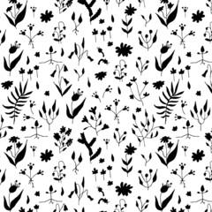 Fototapeta na wymiar Hand drawn doodle seamless pattern with black elements, spring and summer abstract plants anf flowers