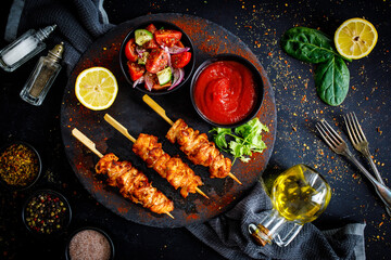 Chicken skewers - grilled meat with fresh vegetables on wooden background
