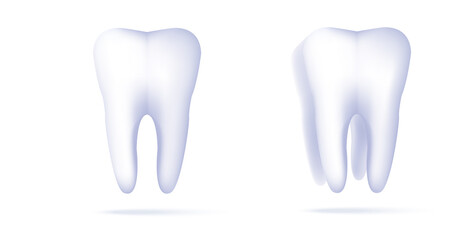 Tooth, 3D render icons set, front view and in perspective with healthy roots