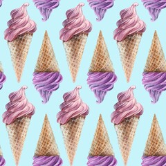 Watercolor illustration of ice cream. Seamless pattern on blue background