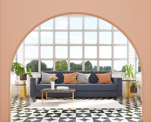 Obraz premium luxury modern living room with white window panel and arched open door, sofa and green plants, marble center table and side table. 3d rendering