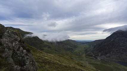 Cloudy landscape view of a Welsh valley scene in green Snowdonia