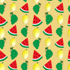 fruit pattern lemon grapes watermelon yellow background